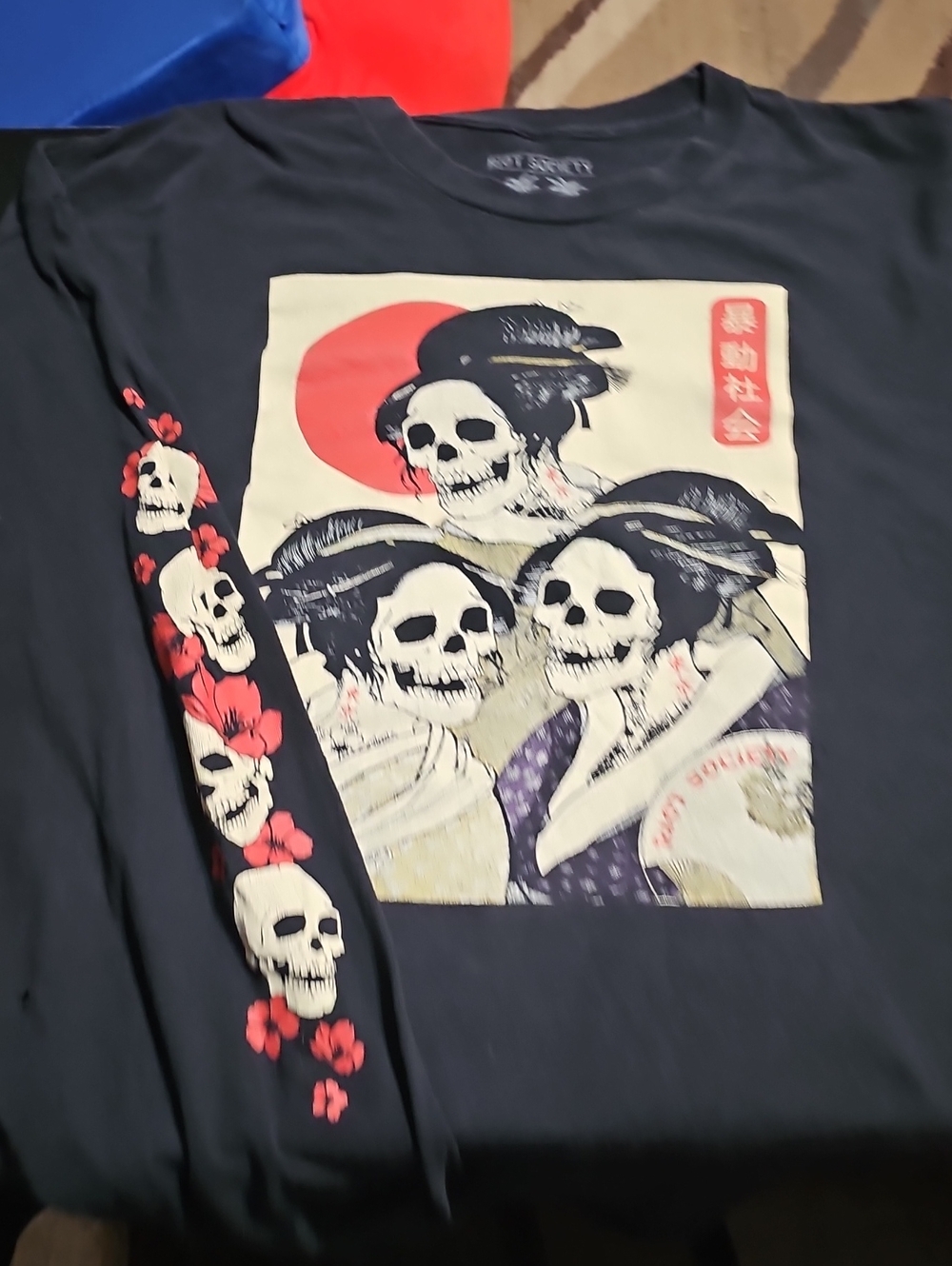 riot society Black Long Sleeve Tee with Red and Cream Skull Geisha Print